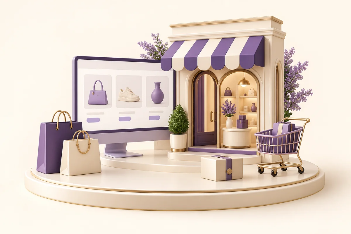 QubitKart concept: a purple storefront, online shop, shopping bags and cart
